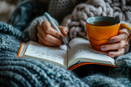A girl in a knitted sweater is reading a book and drinking tea.の素材