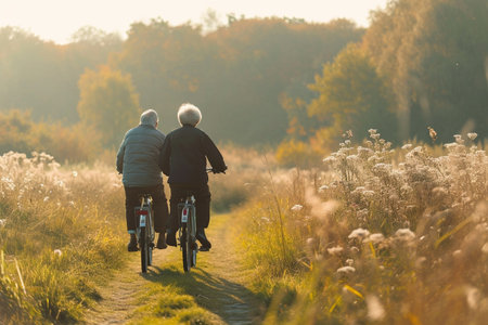 Senior couple riding bikes in the countryside at sunset. Back view.の素材