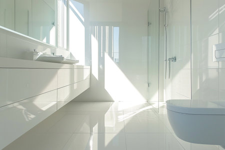 Interior of modern bathroom with white walls, tiled floor and white bathtubの素材