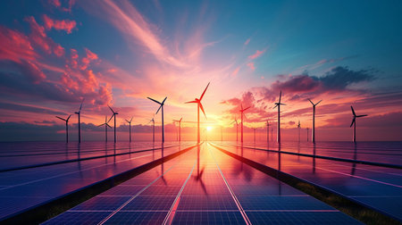 Solar panels and wind turbines at sunset, alternative electricity source. 3D renderingの素材