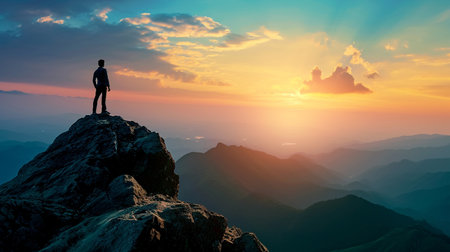 Silhouette of a man standing on top of a mountain and looking at the sunsetの素材