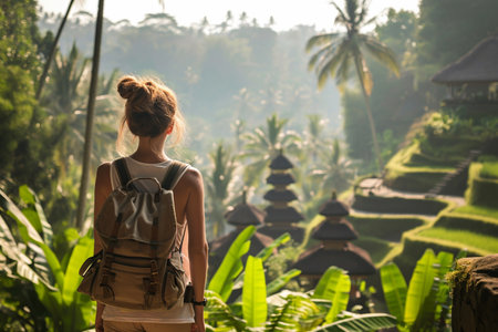 Back view of young woman hiker with backpack standing and looking at Bali Ubud, Indonesiaの素材