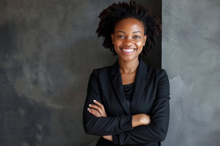 Portrait of a smiling african american businesswoman standing with arms crossedの素材