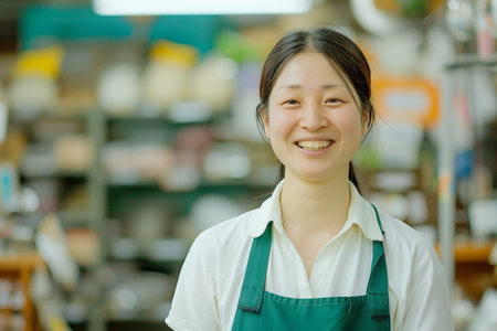Portrait of young beautiful asian woman working in coffee shop.の素材