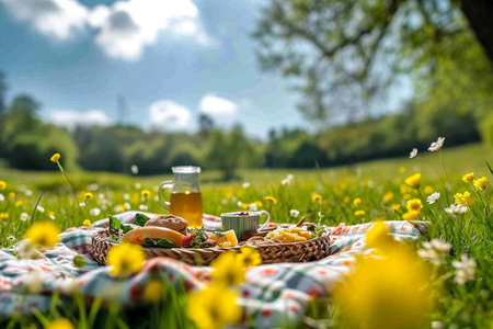 Picnic in the meadow with a basket of food and flowersの素材