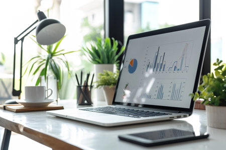 laptop with financial charts on table in office, stock market conceptの素材
