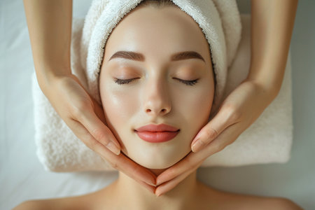 Beautiful young woman with closed eyes receiving facial massage in spa salonの素材