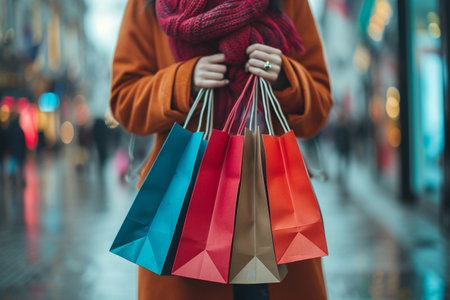 Woman with shopping bags in the city. Close-up of a woman in a coat and scarf holding colorful shopping bags in her hands.の素材