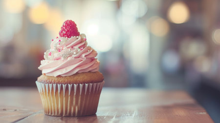 Cupcake with strawberry on wooden table in coffee shop - Vintage Filterの素材