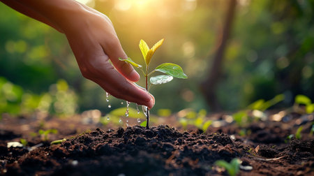 Hand watering young plant with sunlight on nature background. Save the world conceptの素材
