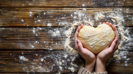 Female hands kneading dough on wooden table with flour. top viewの素材
