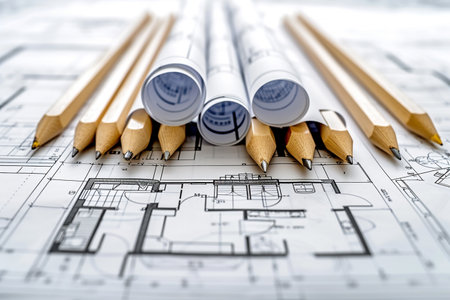 Architectural blueprints with pencils and rolls of blueprintsの素材