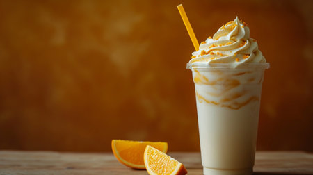 Orange milkshake with whipped cream and orange slices on wooden tableの素材
