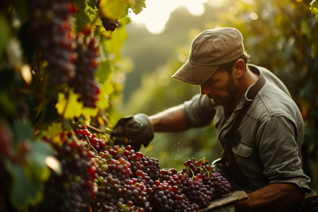 Farmer harvesting red grapes in vineyard on sunny summer day.の素材