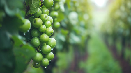 Green grapes growing in vineyard. Ripe grapes in vineyard.の素材