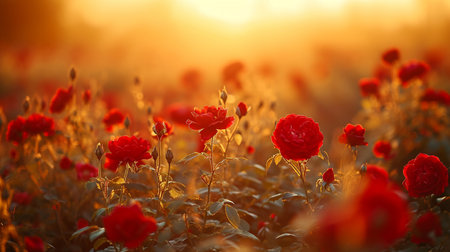 Beautiful red roses in the field at sunset. Nature background.の素材