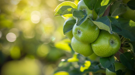 Green apples on the tree in the garden. Shallow depth of fieldの素材