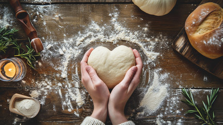Female hands kneading dough on wooden table with flour. top viewの素材