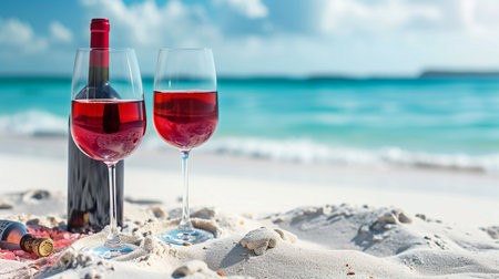 Two glasses of red wine with bottle on white sandy beach near seaの素材
