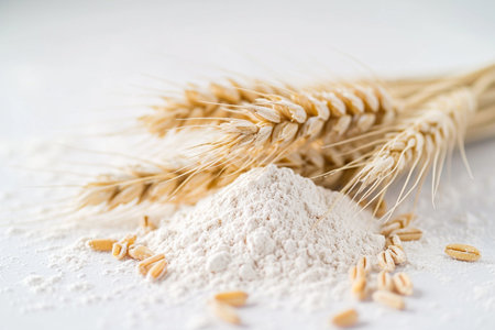 Wheat flour and wheat ears on a white background. Selective focus.の素材