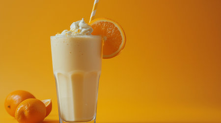 Milkshake with whipped cream and orange on a yellow background.の素材