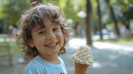 Cute little boy eating ice cream in the park. Selective focus.の素材