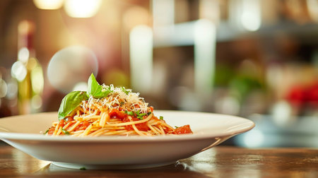 Spaghetti with tomato sauce, parmesan cheese and basil leafの素材