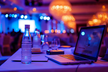 Laptop and a bottle of water on a table in a restaurantの素材