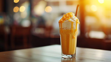 Iced coffee with whipped cream in glass on table in coffee shopの素材