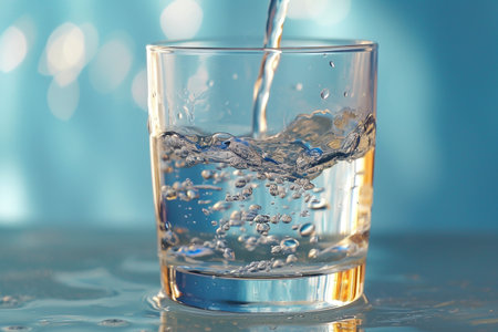 Pouring water into glass on blue background, closeup. Space for textの素材