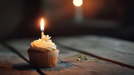 Birthday cupcake with candle on wooden table, shallow depth of fieldの素材