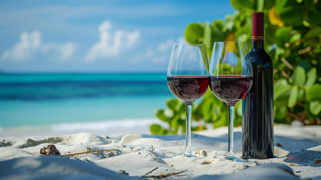 Two glasses of red wine on the sandy beach with tropical sea backgroundの素材