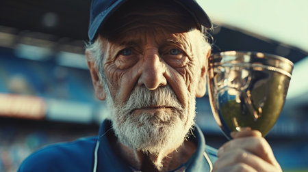 Closeup portrait of senior man with baseball cap holding golden trophy cup and looking at camera while standing on stadiumの素材