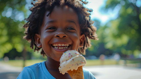 african american little boy eating ice cream in park on summer dayの素材