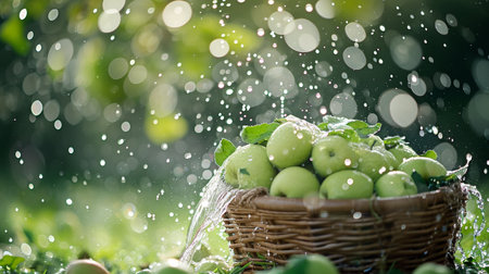 Wicker basket with green apples and drops of water on green grassの素材
