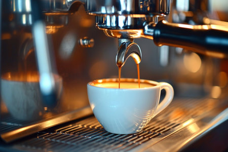 Coffee machine pouring coffee into a cup, close-upの素材