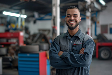 Portrait of smiling mechanic standing with crossed arms in auto repair shopの素材