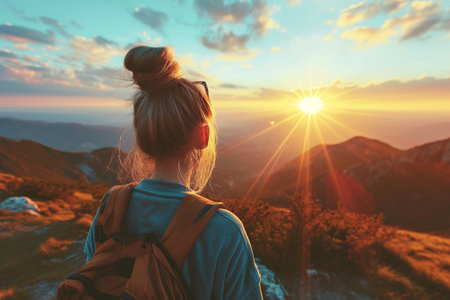 Young woman traveler with backpack standing on top of the mountain and looking at sunset.の素材