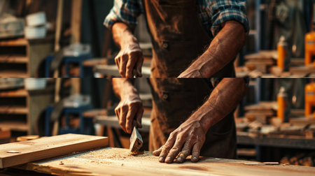 Carpenter working in his carpentry workshop. Close-up of a carpenter's hands working on a wooden plank.の素材