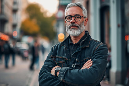 Portrait of a handsome mature man with gray beard wearing casual clothes and eyeglasses standing in the city streets.の素材