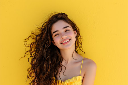 Portrait of a beautiful girl in a yellow dress on a yellow backgroundの素材