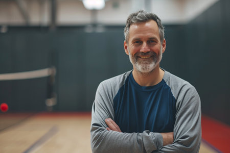 Portrait of smiling senior man standing with arms crossed in fitness studioの素材