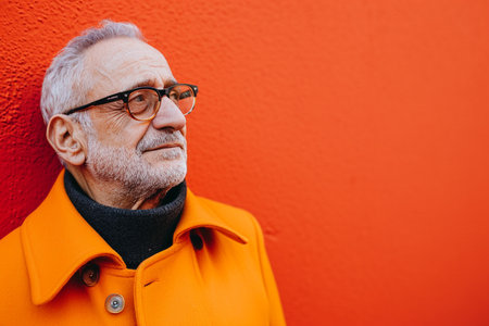 Portrait of an old man in an orange coat and glasses.の素材