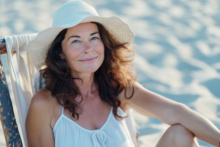 Portrait of beautiful woman in hat sitting on hammock on beachの素材