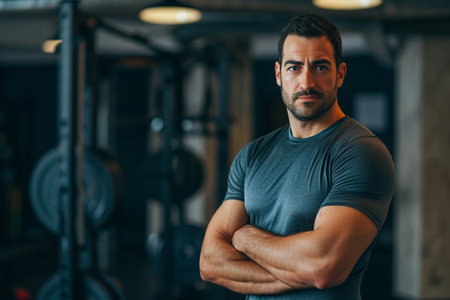 Portrait of handsome man with crossed arms looking at camera in gymの素材