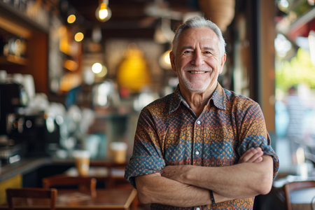 Portrait of smiling senior man with arms crossed standing in coffee shopの素材