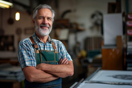 Portrait of mature craftsman standing with arms crossed in his workshopの素材