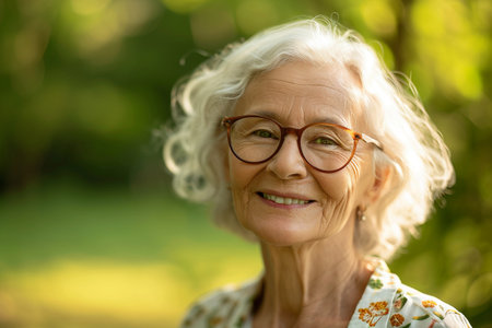 Close up portrait of a smiling senior woman with eyeglasses outdoorsの素材