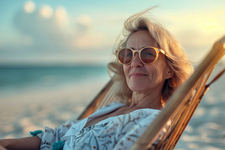Portrait of happy senior woman relaxing in hammock on tropical beachの素材