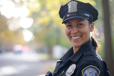 Close-up of a female police officer smiling at the camera.の素材
